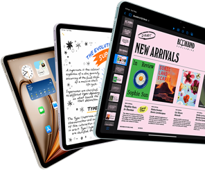 Three iPad Air displays showing iPadOS and app features