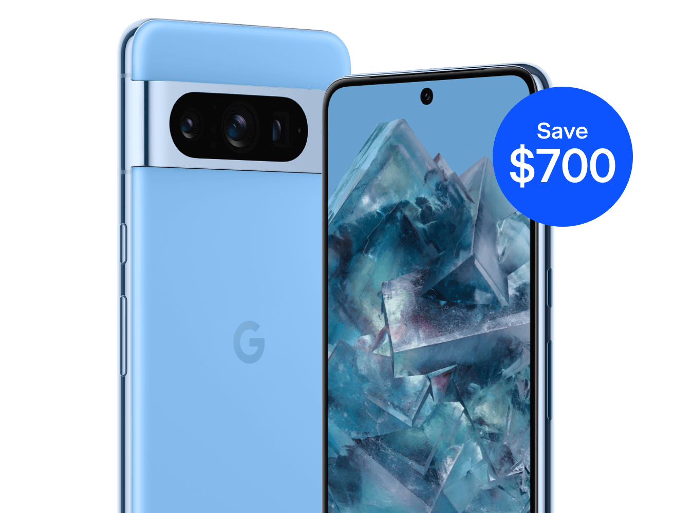 Front and rear view of the Google Pixel 8 Pro in the colour, Bay on an orange background. A blue circle located on the top right of the front screen shows the discount on the device. The text reads: Save $700.  Additional text reads: Google Pixel 8 Pro