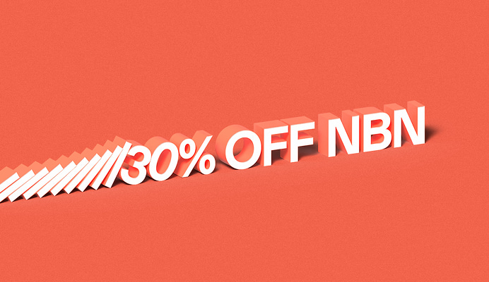 30% OFF NBN written in dominoes in domino style over plain background