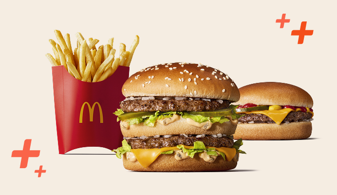 Telstra Plus McDonald's treats from left to right: Large fries, Big Mac and Cheeseburger.