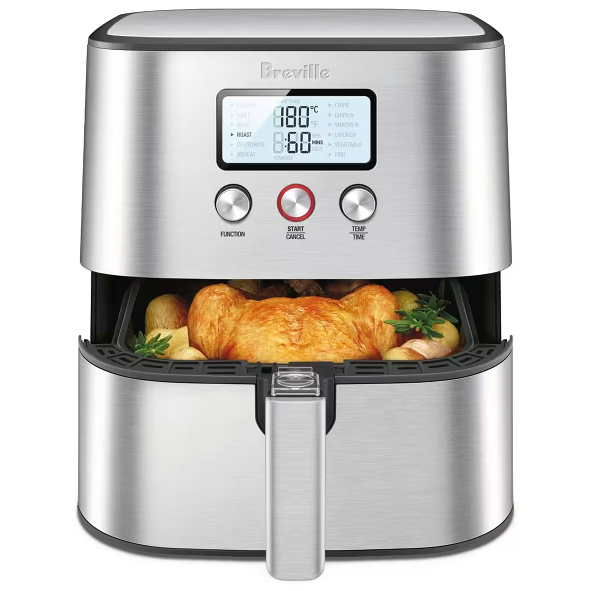 Front view of a silver Breville air fryer with a digital display and cooking basket.