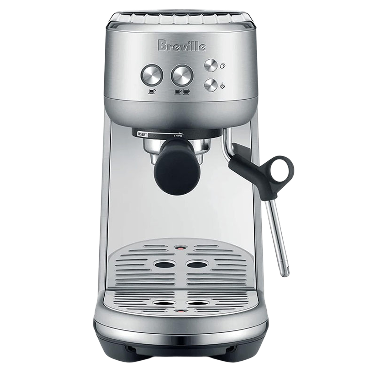 Front view of a silver Breville espresso machine with a steam wand.