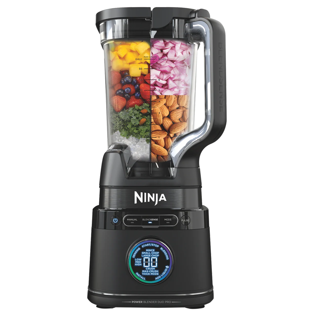 Front view of a black Ninja blender with a clear jug filled with colourful food.