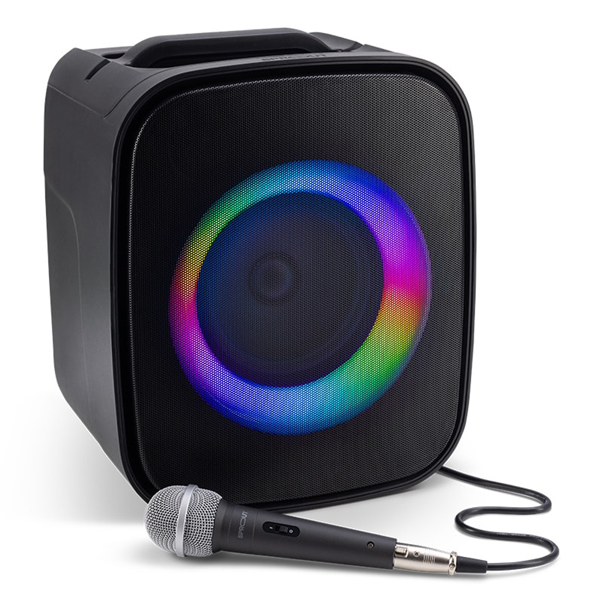 Front three-quarter view of a black portable speaker with a circular multicoloured light