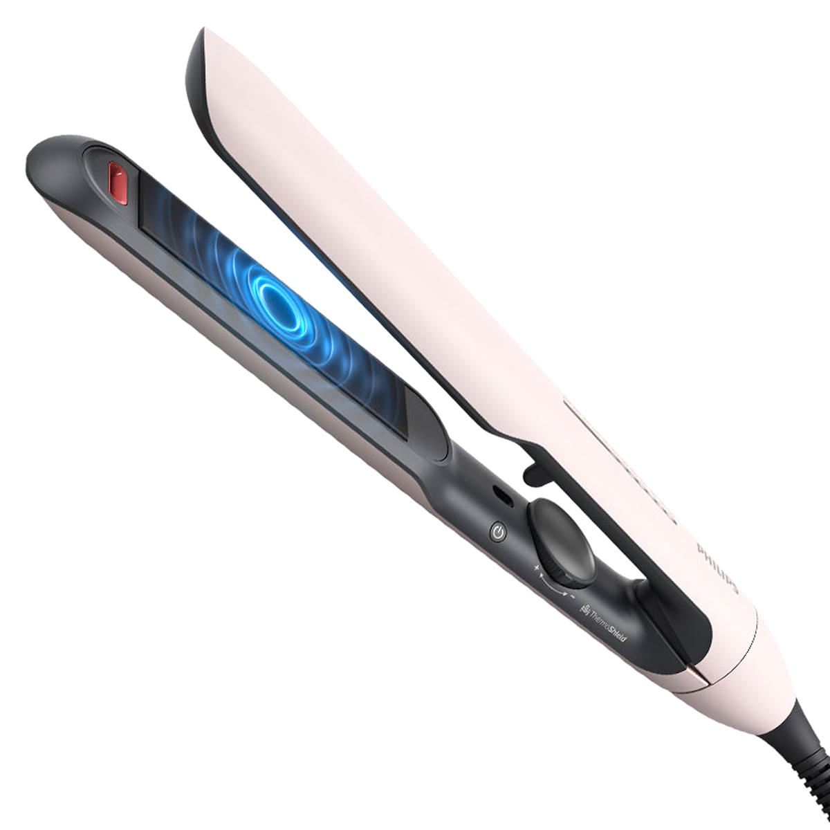 Front three-quarter view of a white and black hair straightener.