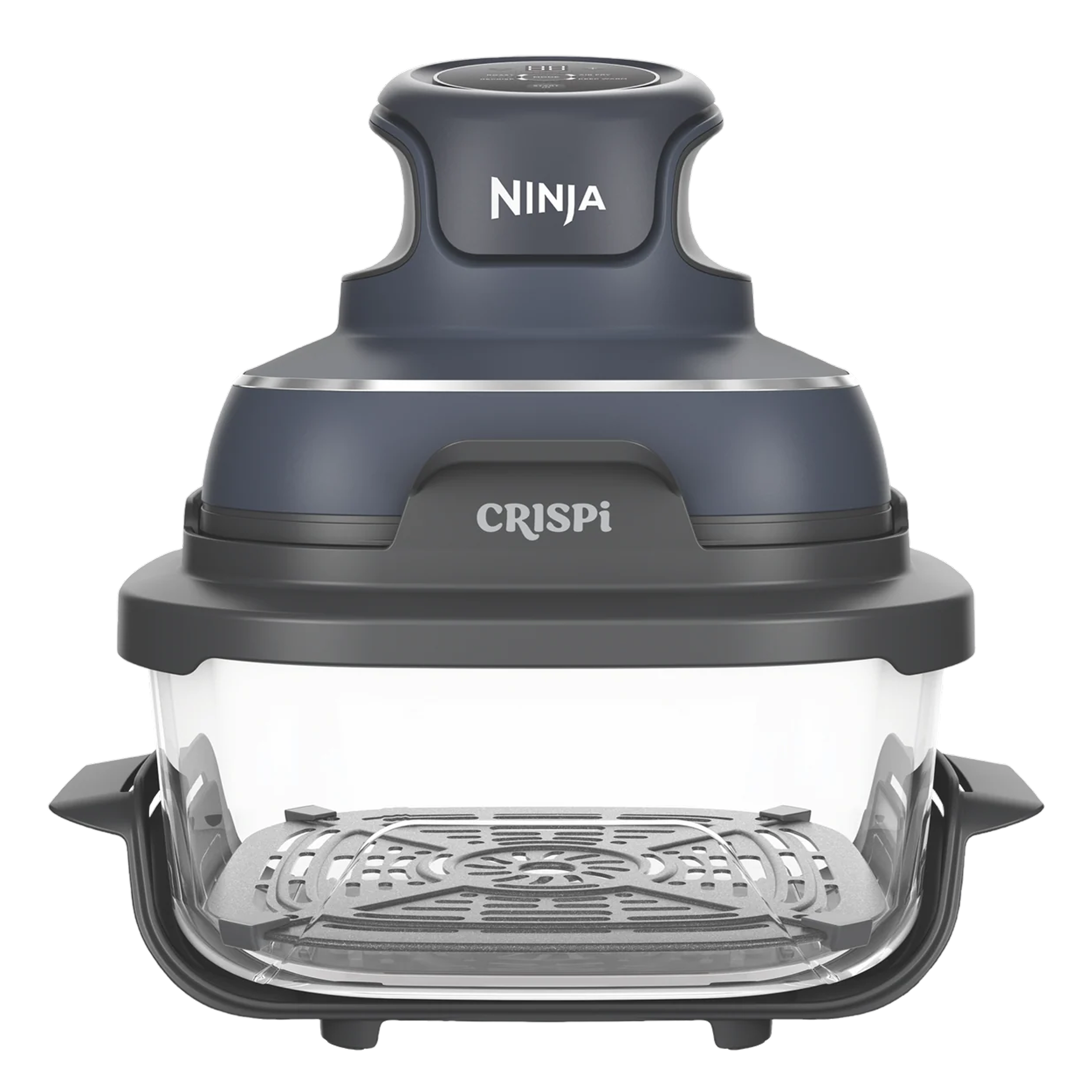 Front view of a black and silver Ninja countertop cooking appliance with a glass bowl.
