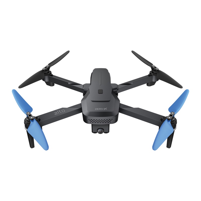 Front view of a black drone with blue accents and four propellers.