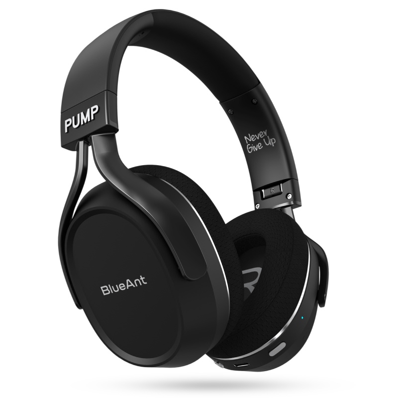 Front three-quarter view of black BlueAnt over-ear headphones with cushioned ear cups.