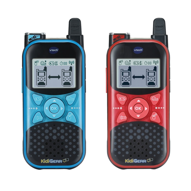 Front view of blue and red handheld walkie-talkies.