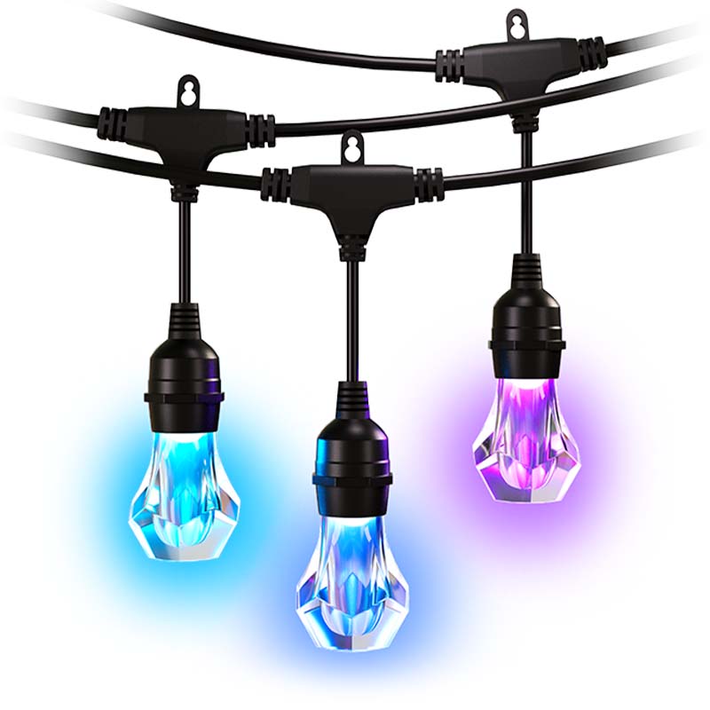 Front view of black outdoor string lights with blue, purple and pink bulbs.
