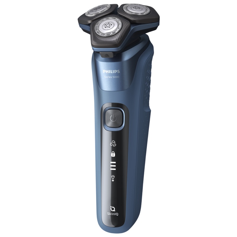 Front view of a blue and black Phillips electric shaver with three shaving heads
