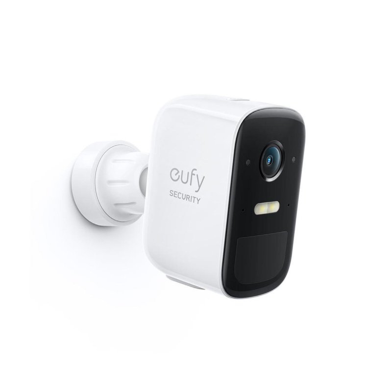 Front three-quarter view of a Eufy white smart security camera with a black front panel.