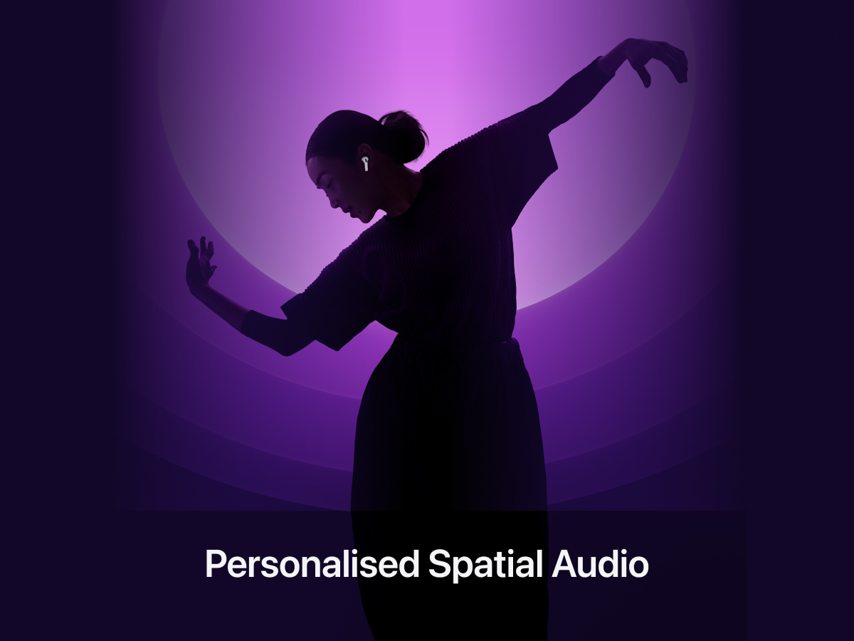 Slide 5: Apple AirPods 4 with Active Noise Cancellation Silhouette of an adult in motion is depicted on a purple circular pattered backdrop. Their body movement suggests that they are dancing, with arms fully extending in the air. Left AirPod is visible from left ear in colour white. Text on image reads ‘Personalised Spatial Audio’.