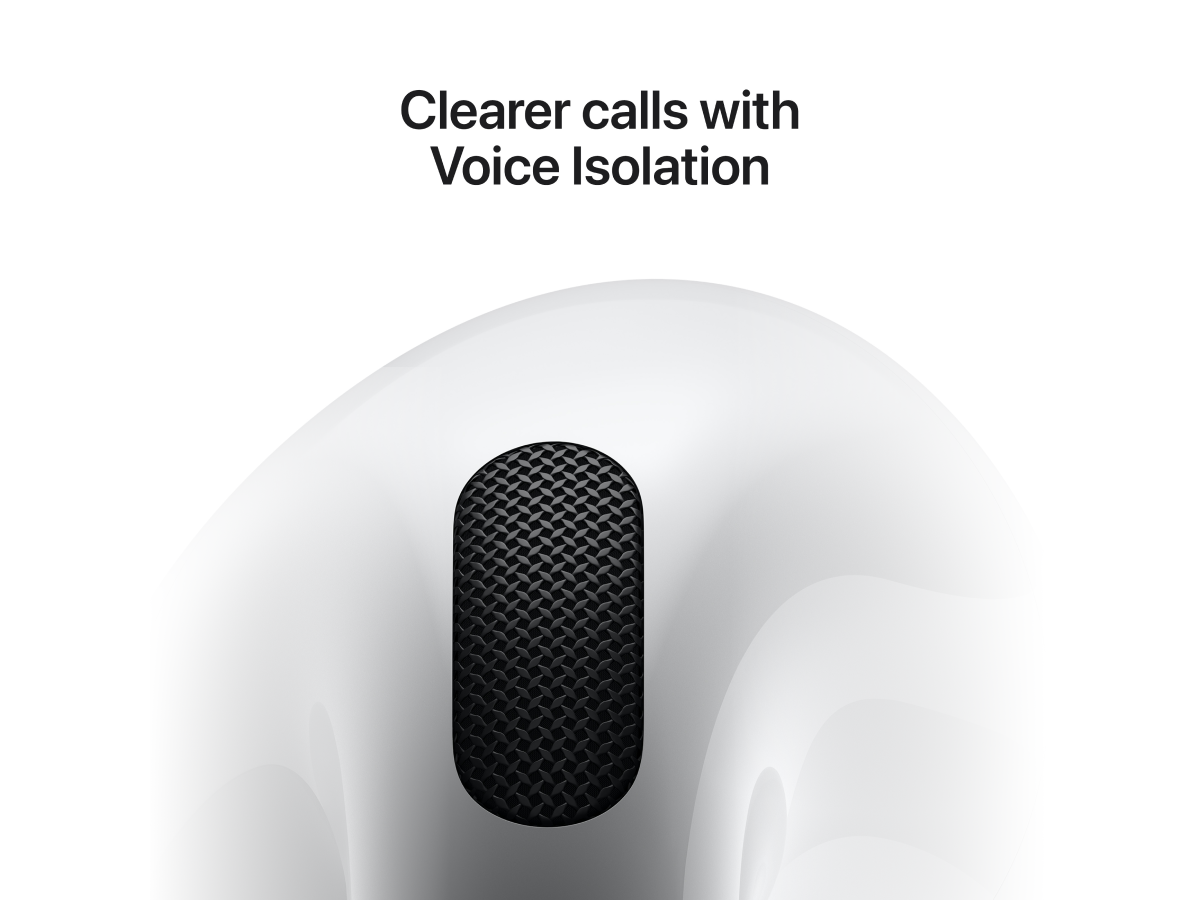Slide 6: Apple AirPods 4 with Active Noise Cancellation close up view of earbud top in colour white, taking up half the frame of the image. In ear speaker is depicted with its textured material clearly visible. Text on image reads, ‘Clearer calls with Voice Isolation’.