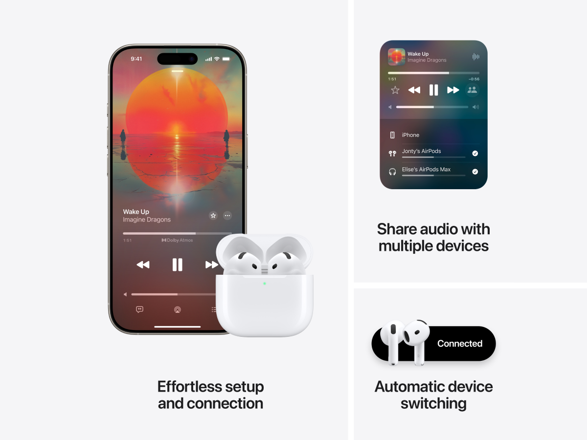 Slide 7: Apple AirPods 4 with Active Noise Cancellation features montage. The first image features a front view of an iPhone 16 and a pair of AirPod’s stowed within a Wireless Charging Case (USB C) with the lid opened. The iPhone display depicts music being played. Text on the first image reads, ‘Effortless setup and connection’. The Second image displays the iPhone music interface depicting a feature that allows music sharing with other devices.