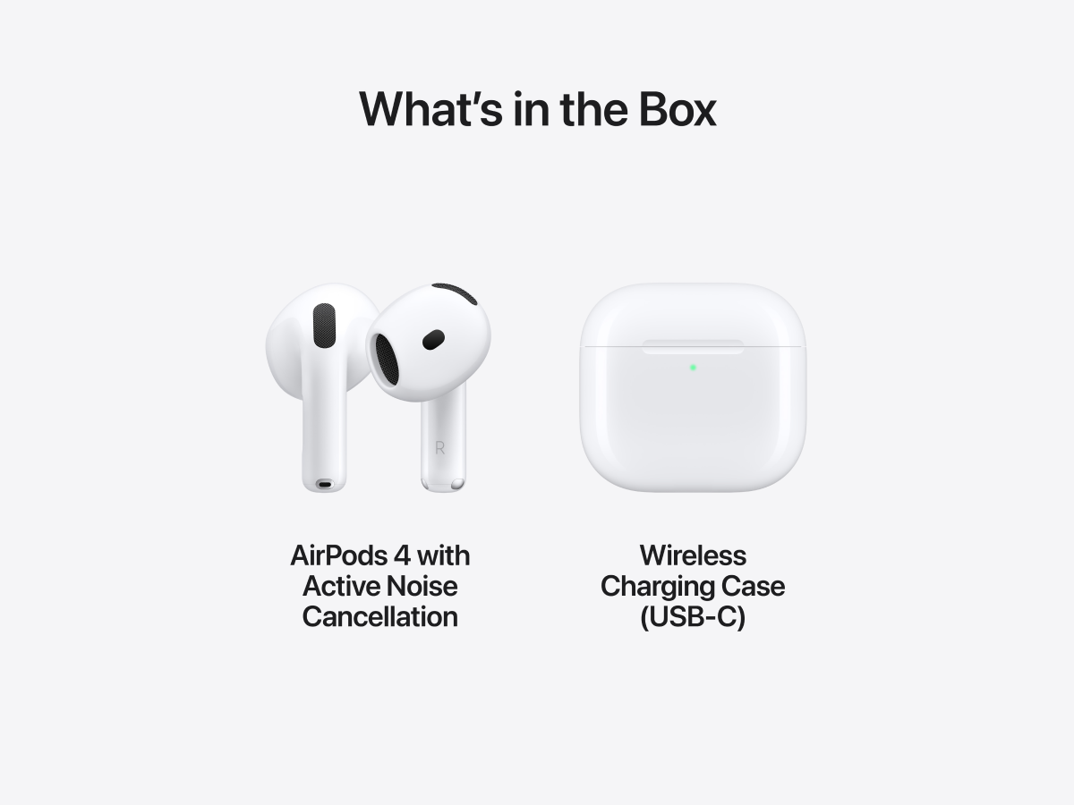 Slide 8: Apple AirPods 4 with Active Noise Cancellation inclusions montage. Front view of left and right AirPod depicted facing left on left of image in colour white. Text accompanying AirPods 4 with Active Noise Cancellation reads, ‘AirPods 4 with Active Noise Cancellation’. Front view of Wireless Charging Case (USB C) depicted on right of image in colour white. Text accompanying Wireless Charging Case (USB C) reads, ‘Wireless Charging Case (USB C)’. Text on image reads, ‘What’s in the Box’.