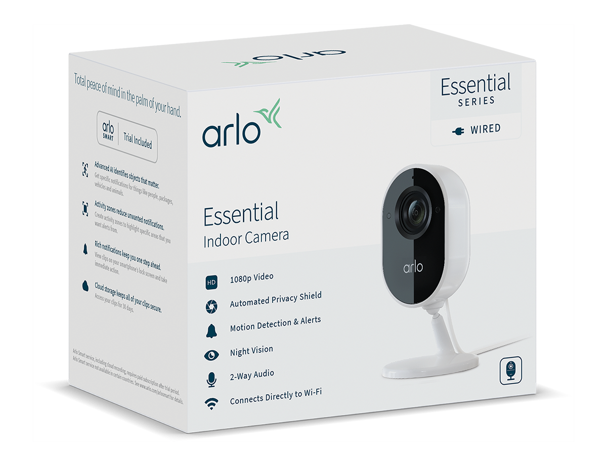  Arlo Essential Indoor Camera - 1080p Video with Privacy  Shield, Plug-in, Night Vision, 2-Way Audio, Siren, Direct to WiFi No Hub  Needed, Surveillance Security, White - VMC2040 : Electronics