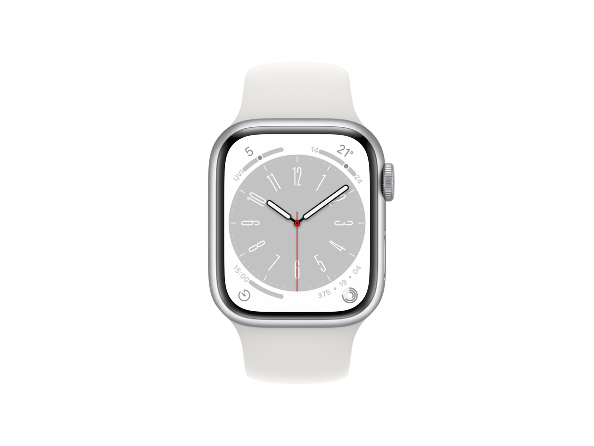 Apple Watch Series 8 GPS + Cellular 41mm Silver Aluminium Case with White Sport Band front view
