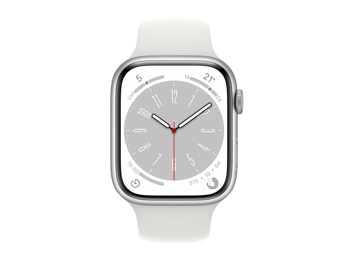 Apple Watch Series 8 GPS + Cellular 45mm Silver Aluminium Case with White Sport Band front view