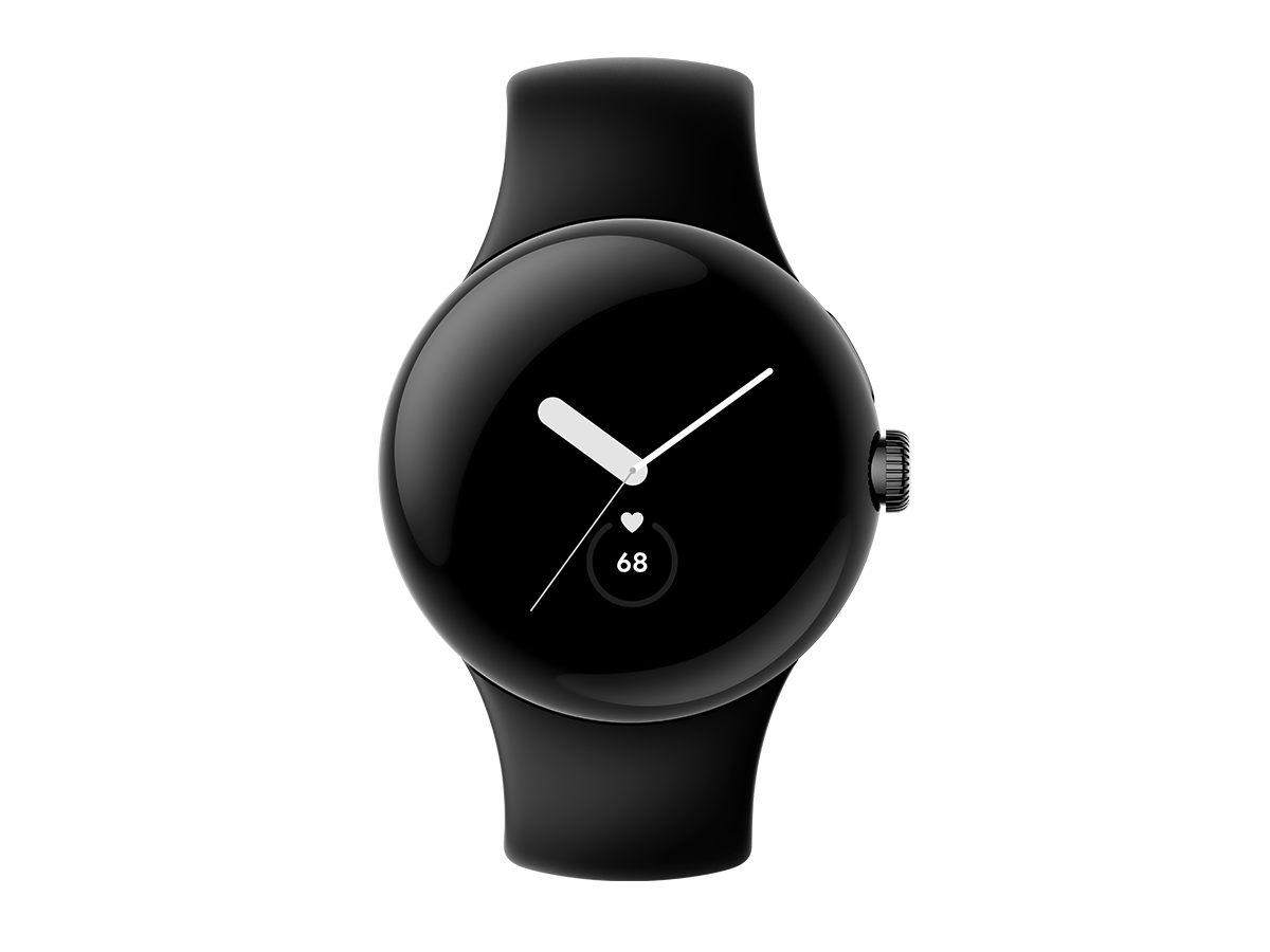 Pixel Watch LTE 40mm Matte Black Stainless Steel Case with Active Band in Obsidian front view