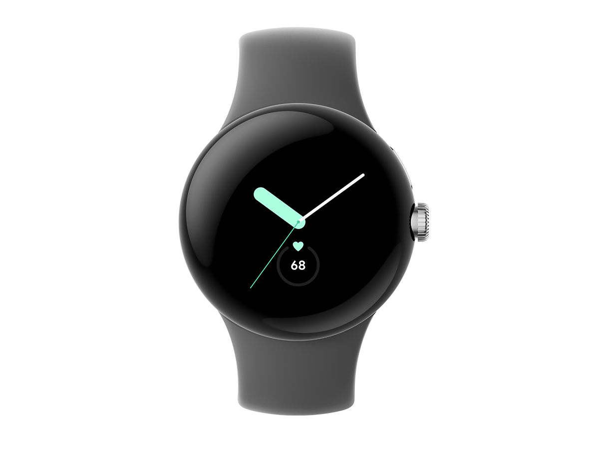 Pixel Watch LTE 40mm Polished Silver Stainless Steel Case with Active Band in Charcoal front view