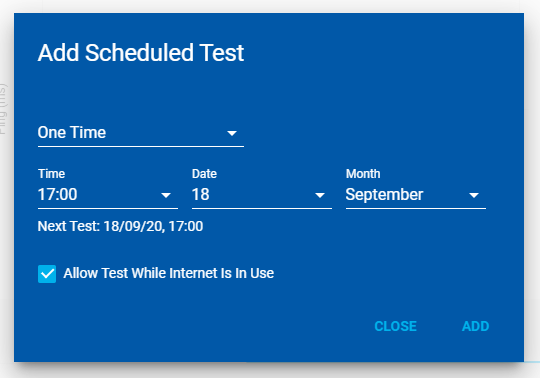 Connection Benchmark add scheduled test screen shot, showing the time and date setting, along with schedule type of One time or Recurring options