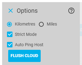 Geo-Filter context menu screen shot, showing kilometres / miles setting and flush cloud button