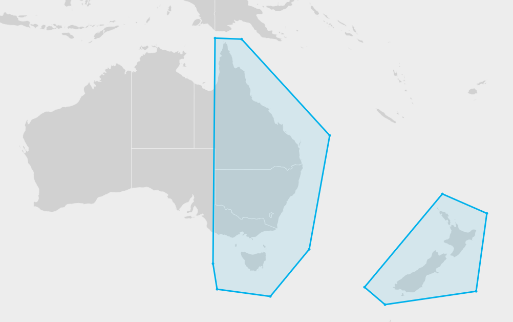 Geo-Filter polygon mode screen shot, displaying an example use of the polygon mode drawing allowed inside of shape around eastern Australia and New Zealand