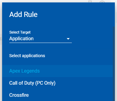 Traffic Controller showing the example screenshot Add Rule pop up window to select application to add a rule to