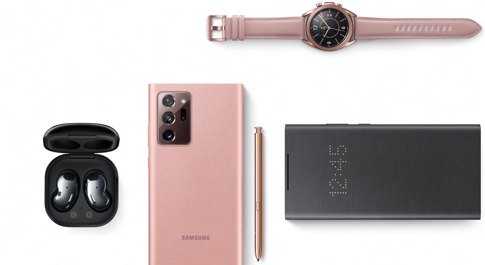 A range of Samsung Note20 accessories - Samsung Watch, Samsung Note20 cover and Galaxy Buds