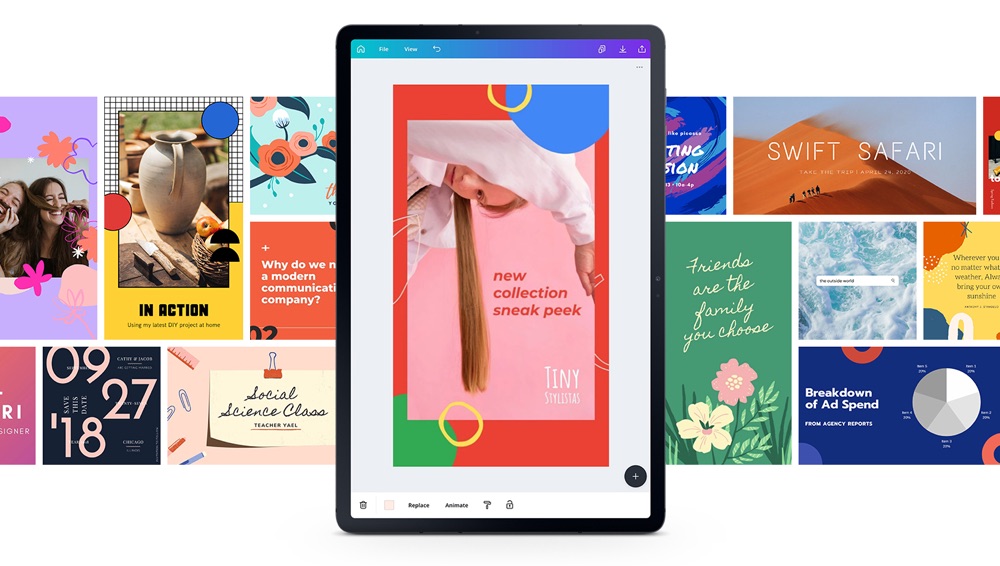 The display shows Canva designs on their platform