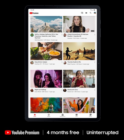 The display shows a premium Youtube account - sample videos thumbnails