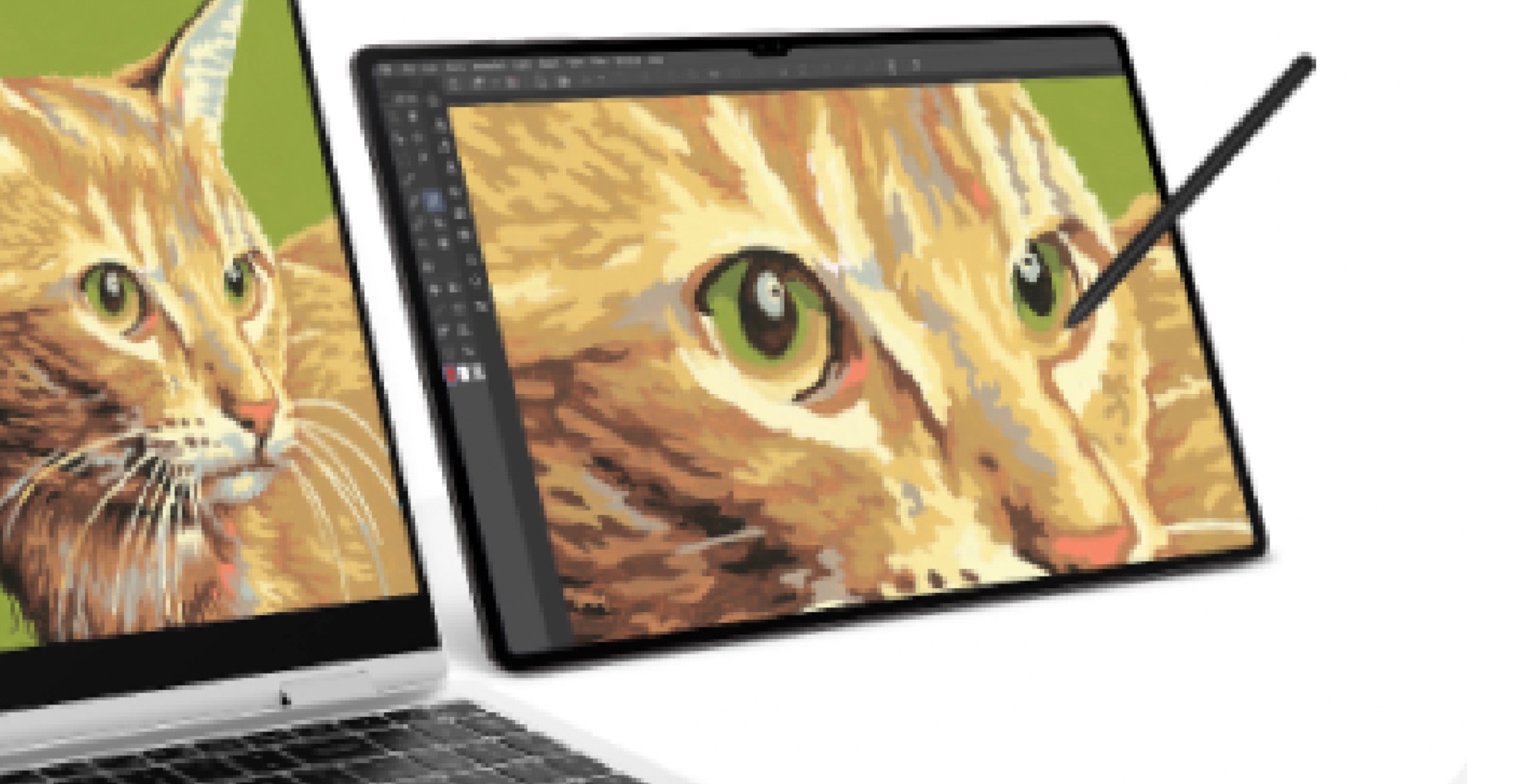 A Galaxy Tab S8 Ultra sits next to an open laptop. The same illustrated image of a cat id displayed across both screens, indicating the tablet is being used as a second screen. An S Pen is angled in a way so that it looks to be illustrating the cat.