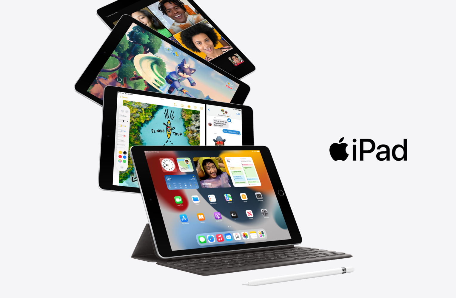 A graphic demonstration of the many functions of the iPad. An iPad 9th Gen stands upright on its cover, with keyboard and Apple Pen. Behind it three more iPads fan out, each with a different app on screen. Text on image says, ‘iPad’, accompanied by the Apple logo.