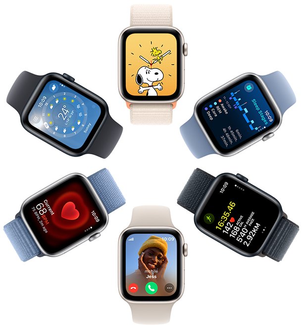 An overhead view of six Apple Watch SE screens displaying a Snoopy wallpaper, Sleep app insights, Workout app metrics, an incoming call, heart rate, and Weather app.