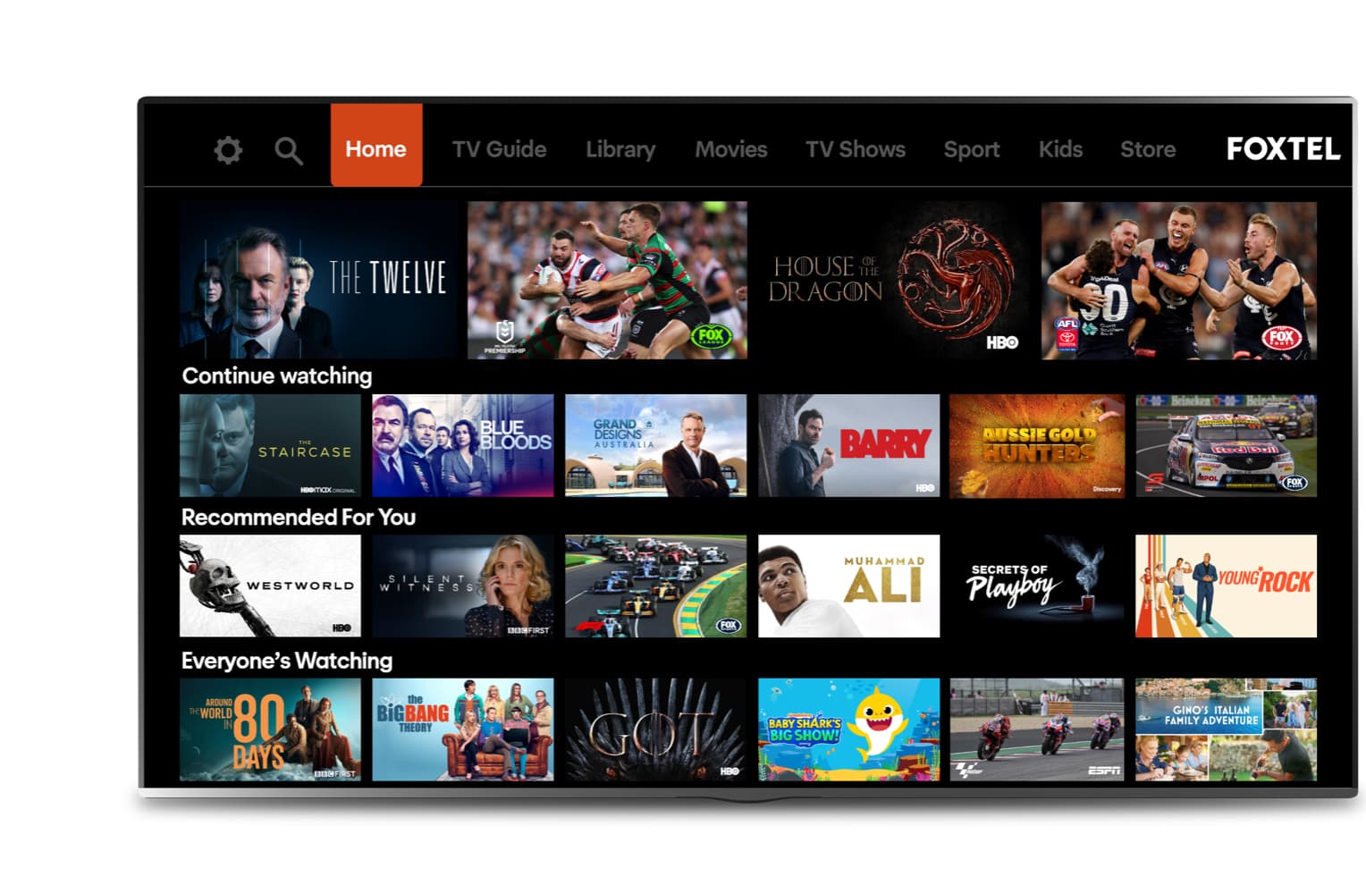 Promotional image of Foxtel from Telstra screen displaying various shows