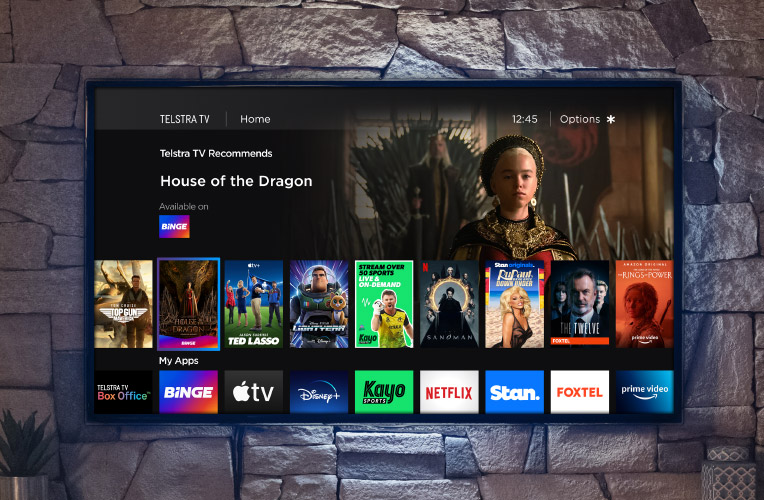 Promotional image of Telstra TV showing a screen with multiple shows
