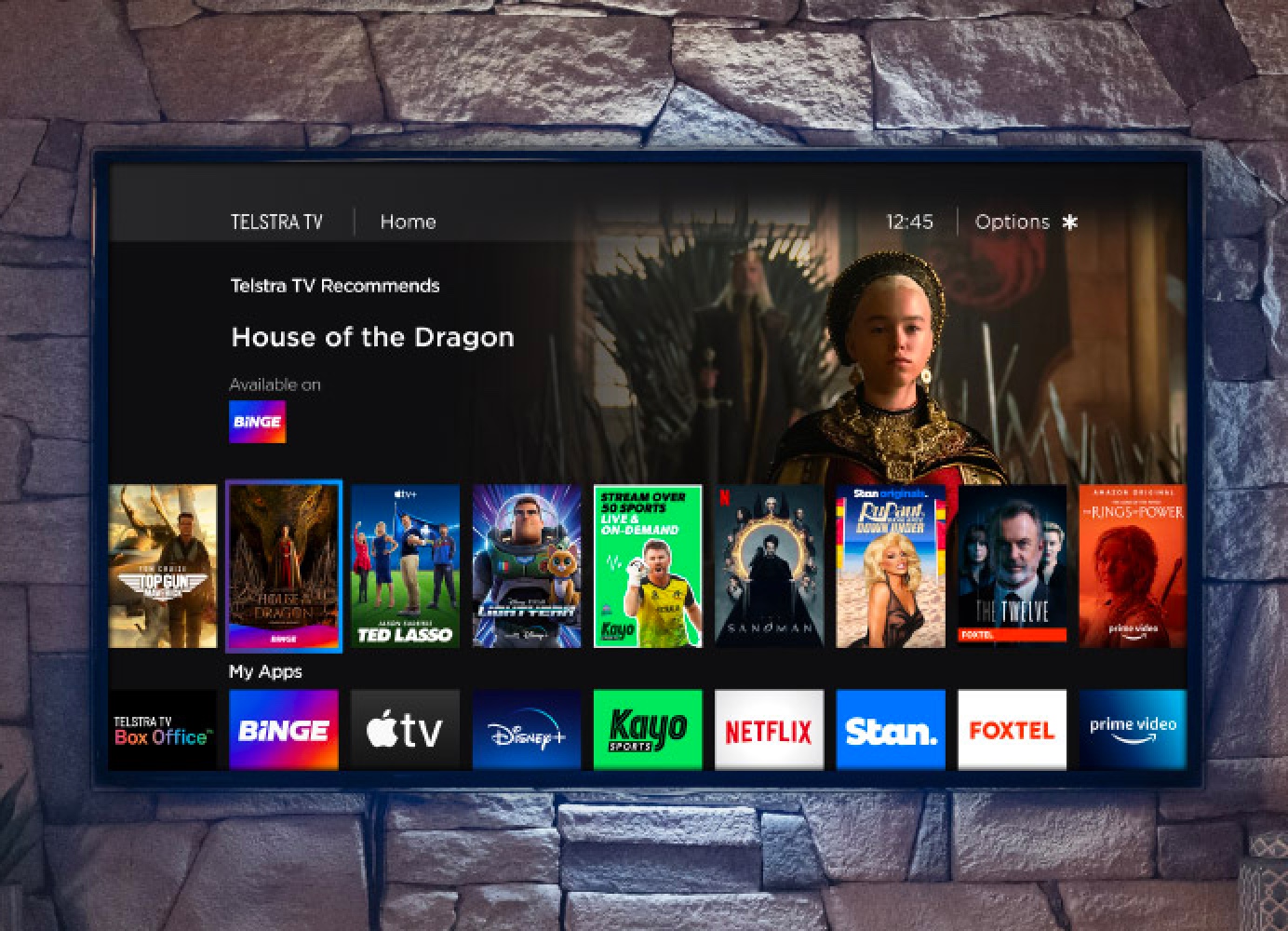 Promotional image of Telstra TV showing a screen with multiple shows