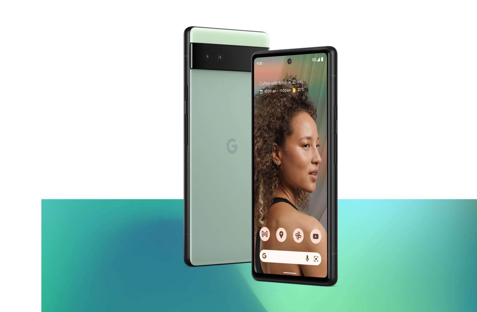 Decorative image of front and rear of Google Pixel 6a.  