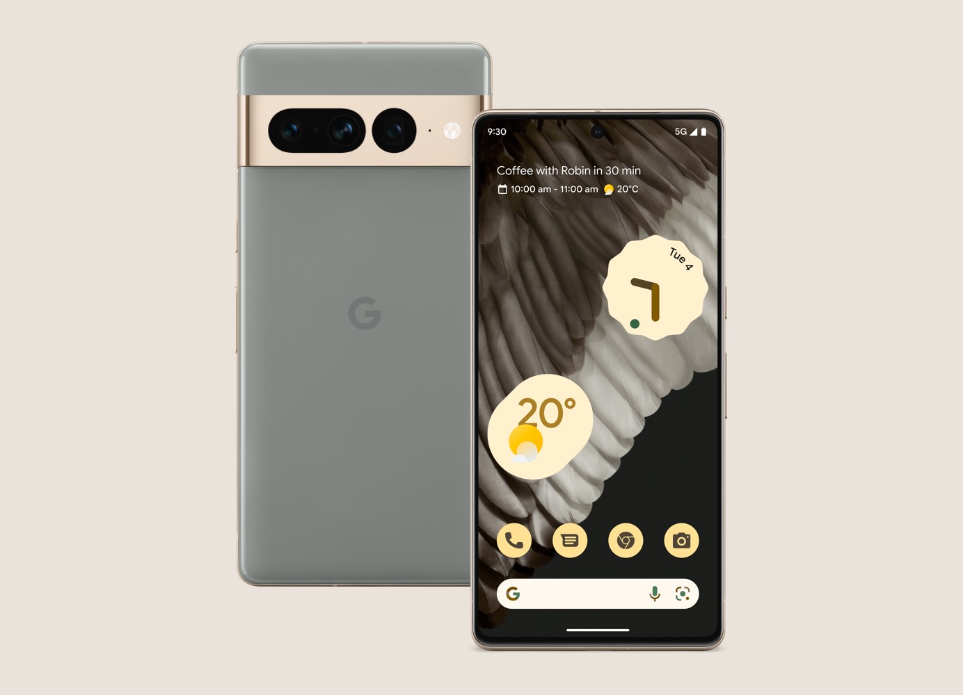 Google Pixel 7, rear view three-quarter angle, in front of a Pixel 7 Pro, rear view three-quarter angle. 