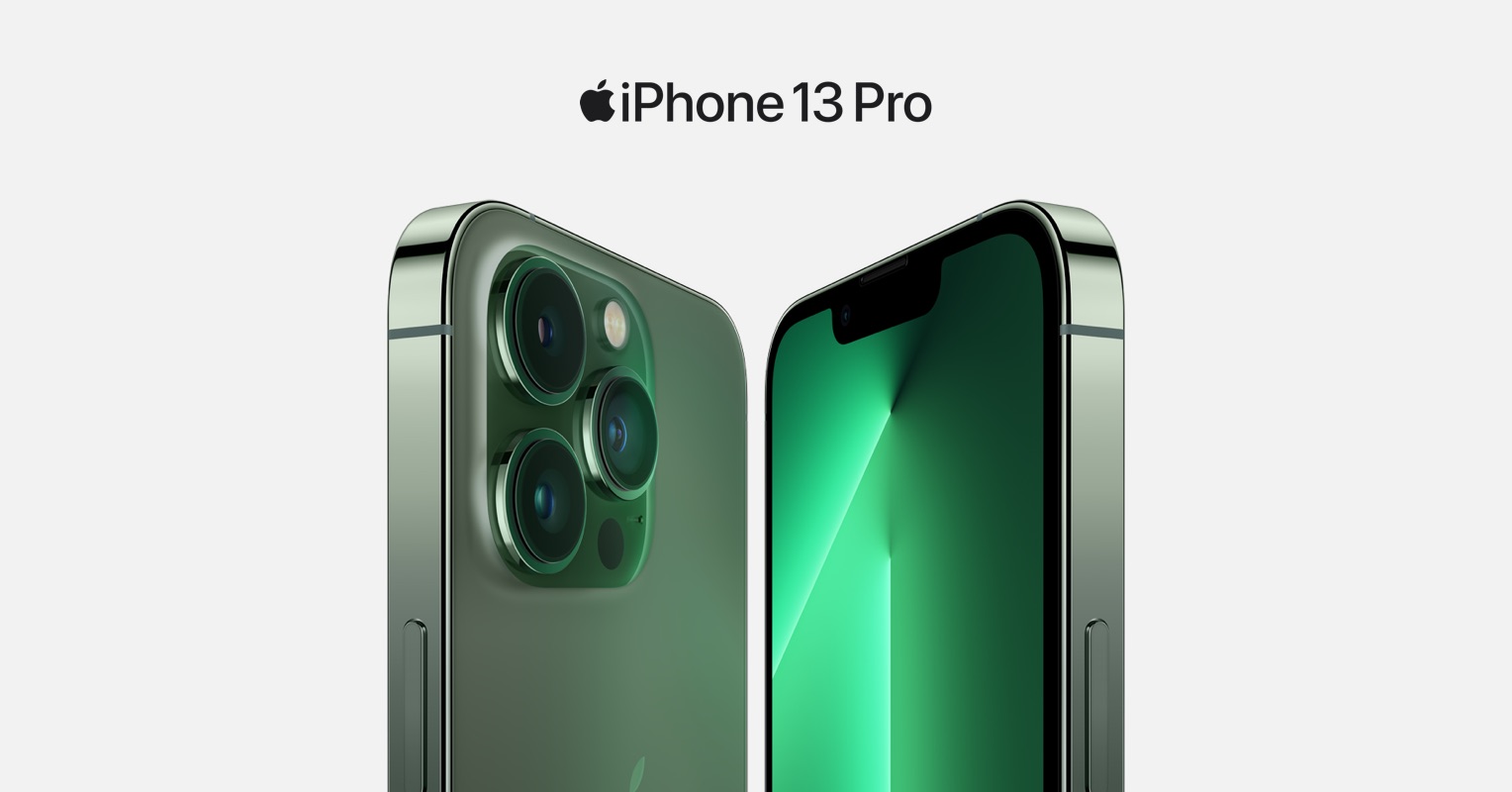 Front and back view of iPhone 13 Pro in Alpine Green colour. Apple logo with text iPhone 13 Pro text iPhone 