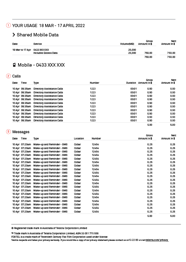 Screenshot of a Telstra bill displaying the details of the bill charges with numbers next to corresponding sections