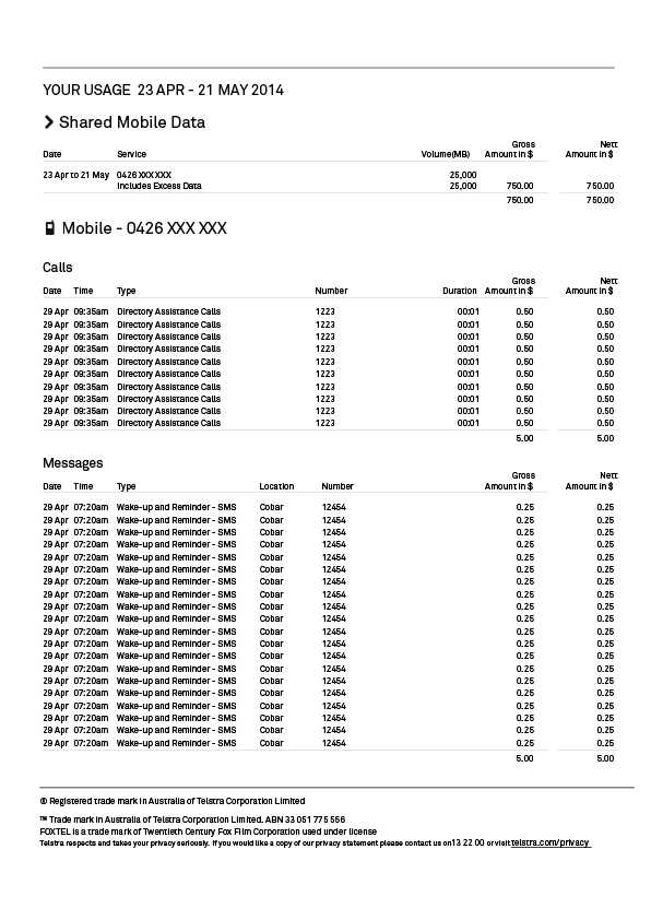Screenshot of a Telstra bill displaying the details of the bill charges