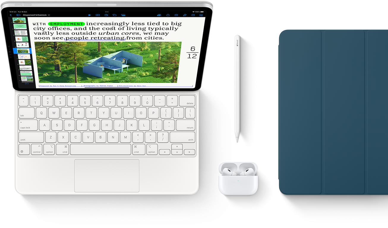 Smart Keyboard Folio, Apple Pencil, AirPods Pro and iPad Cover in Marine Blue.