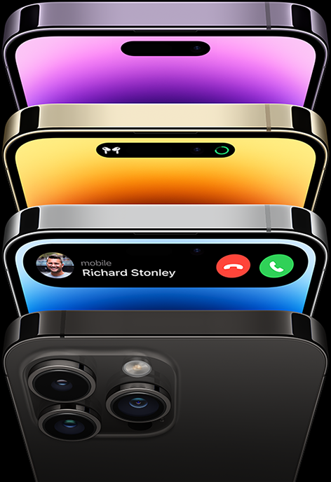 iPhone 14 Pro in four different colours — Space Black, Blue, Gold and Deep Purple. One model shows the back of the phone and the other three show the front view of the display.