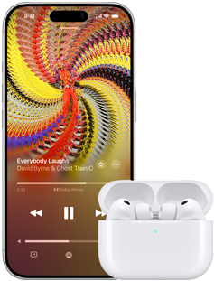 AirPods Pro 3 in MagSafe Charging Case, iPhone 17 Pro, Apple Music plays Everybody Laughs by David Byrne and Ghost Train Orchestra