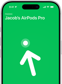 iPhone 17 Pro, Find My with Precision Finding screen, text: Matias's AirPods Pro