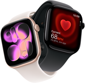 Apple Watch Series 11, aluminium rose gold, Responsive Art watch face, right side exterior: Digital Crown, microphone, side button, light blush Sport Band, Apple Watch Series 11, aluminium jet black, Heart Rate app, current beats per minute, right side exterior: Digital Crown, black Sport Band
