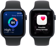 Two Apple Watch SE 3 devices with Midnight aluminium cases showing sleep score and a possible sleep apnoea alert on screens
