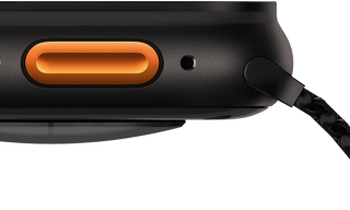 Apple Watch Ultra 3, black colour, titanium case, convex sensor on back, left side exterior, Action button, siren